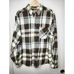 Woolrich Mens Large Long Sleeve Button Down Brown/Whi Plaid Cotton Flannel Shirt